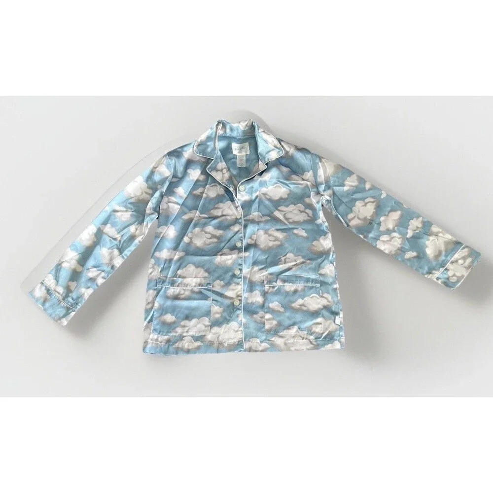 Nick and Nora Vintage Blue Cloud Print Satin Pajama Top Button Up Kids Sz M 7/8